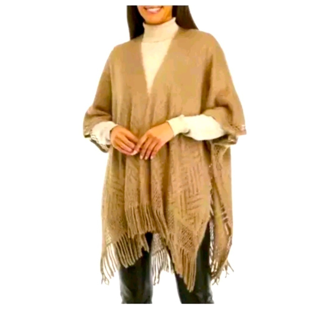 Nine West Mushroom Colored NEW Solid Fringe Topper Open Cardigan One Size